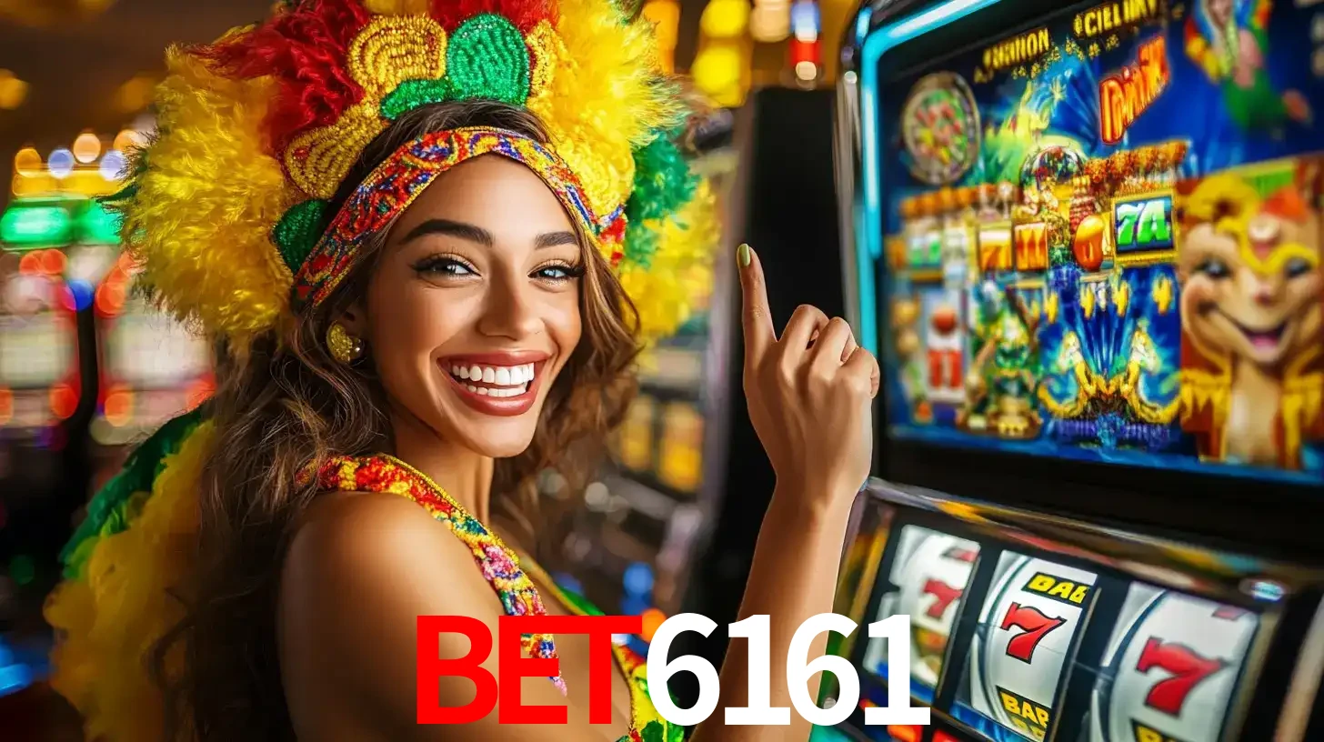 Mulher animada com um cocar de carnaval apontando para uma máquina de caça-níqueis, mostrando a emoção de ganhar um grande prêmio nos jogos do bet6161.