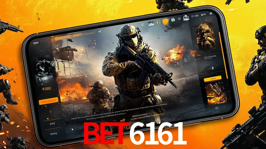 Um smartphone exibindo a interface de um jogo de tiro em primeira pessoa, com um soldado em um cenário de batalha, representando a ação dos e-sports para apostar no bet6161.
