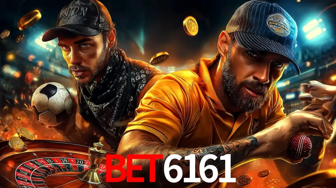 Montagem de apostas esportivas e cassino no bet6161, com um homem segurando uma bola de futebol e outro uma de beisebol sobre uma roleta e moedas voadoras.