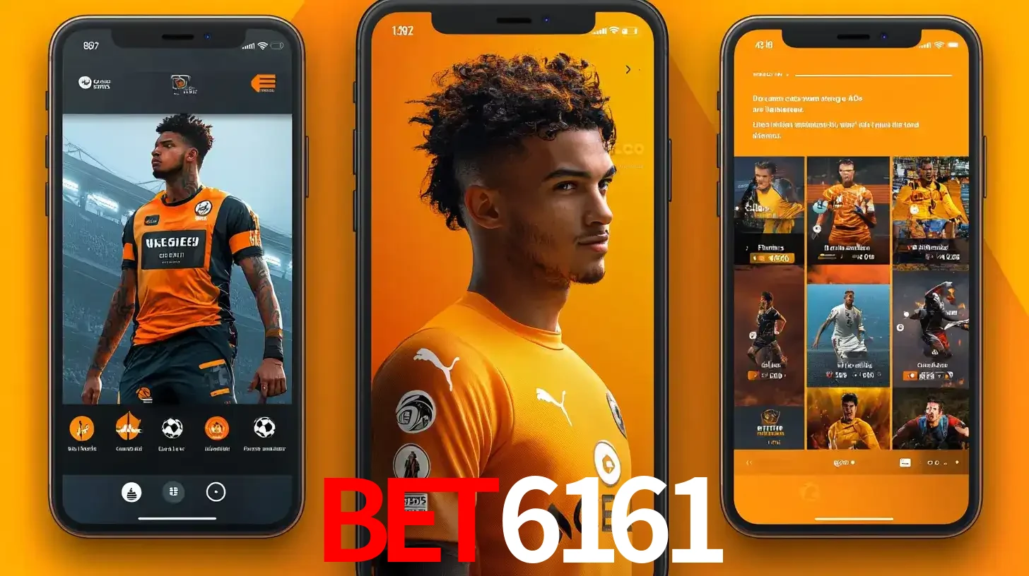 Interface do aplicativo de apostas esportivas bet6161 em três telas de celular, mostrando o perfil de um jogador de futebol e a lista de jogos disponíveis para apostar.