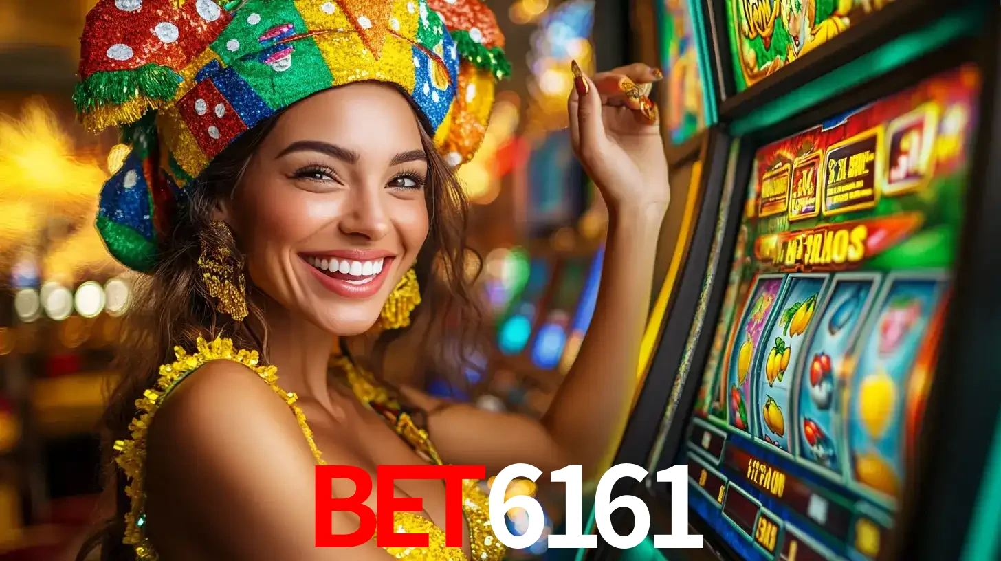 Mulher feliz com traje de carnaval amarelo e colorido ao lado de uma máquina de caça-níqueis, aproveitando a diversão e os jogos temáticos do cassino bet6161.